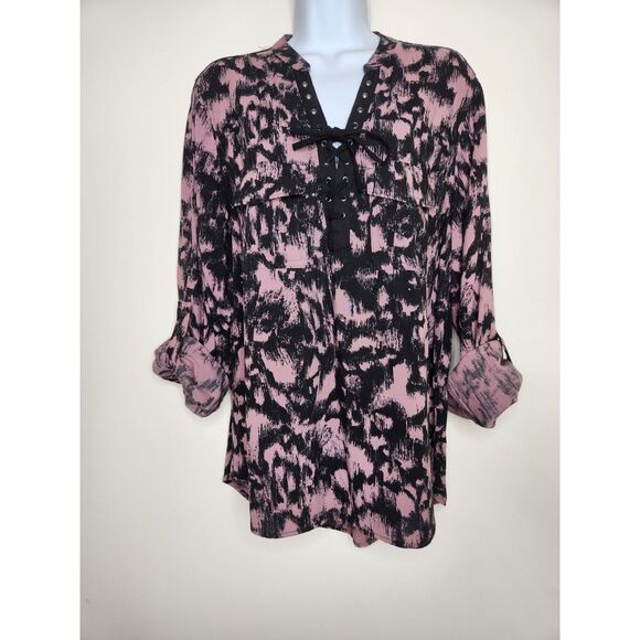 Rock & Republic Abstract Lace-Up Boho Top  Pink Black Casual Bohemian Med. - Picture 8 of 8